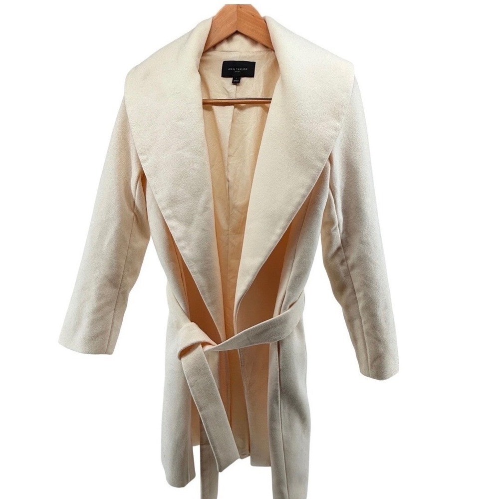 Ann Taylor Cream Belted Collarless Drape Front Trench Coat Jacket Women's M